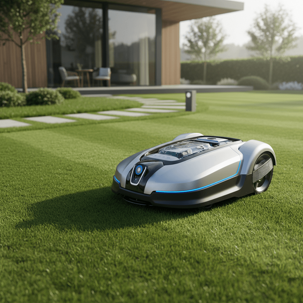 Robot tondeuse autonome sur pelouse verte